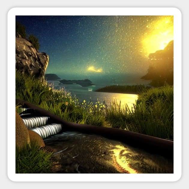 Realistic Dusk Fantasy of a Flowing Water Stairway Sticker by D3monic